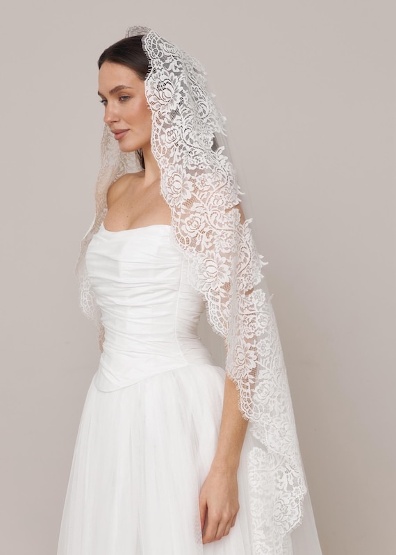 Lace Cathedral Veil, Catholic, Spanish, Wide Bridal Veil, Vintage, Handmade, Blusher, Edith