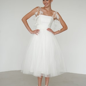 Midi Tulle Wedding Dress: Glittery Elopement Gown with 3D Floral Straps