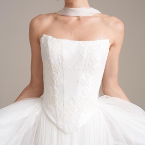 Lace Appliqué Mikado Bridal Corset: Drop Waist Wedding Top
