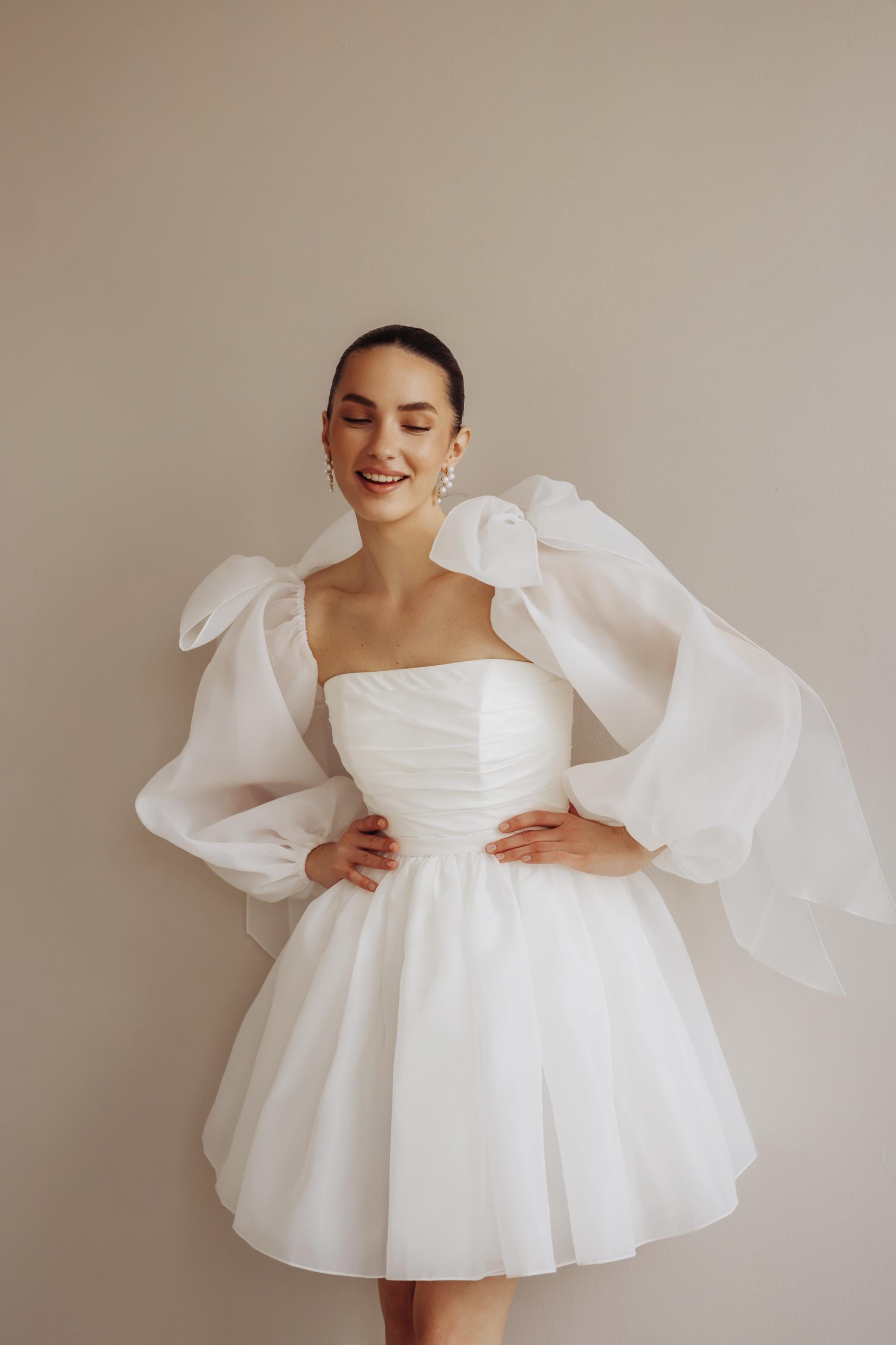 short puffy wedding dress A-Line Puff Long Sleeves Short Wedding Dresses With Bows Diamond White / Custom Size