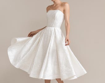 Floral Jacquard Midi Wedding Dress Emily Jacquard: Silk Blend, Tea Length