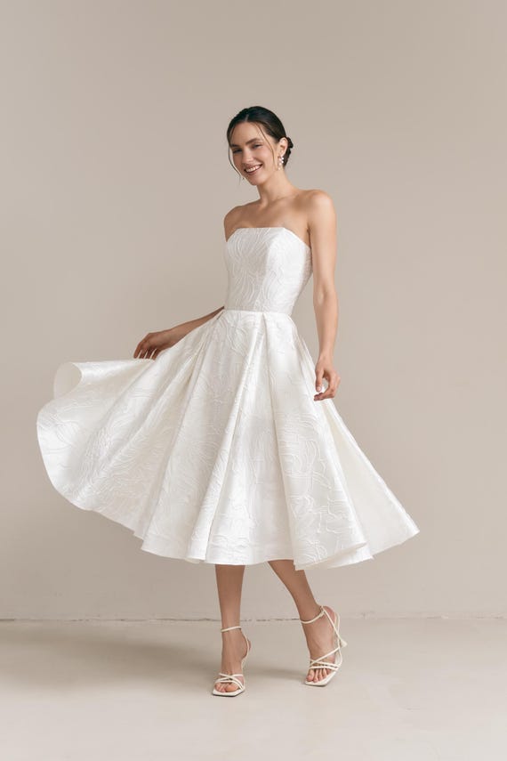 silk tea dress knee length Floral Jacquard Midi Wedding Dress Emily Jacquard: Silk Blend, Tea Length