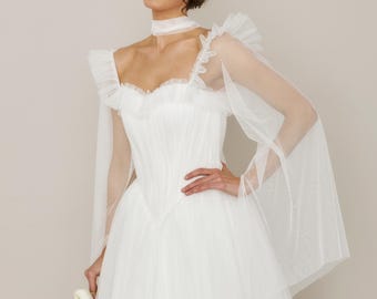 Tulle Basque Waist Wedding Dress Aurelia: Ruffle Bodice, Long Sleeves
