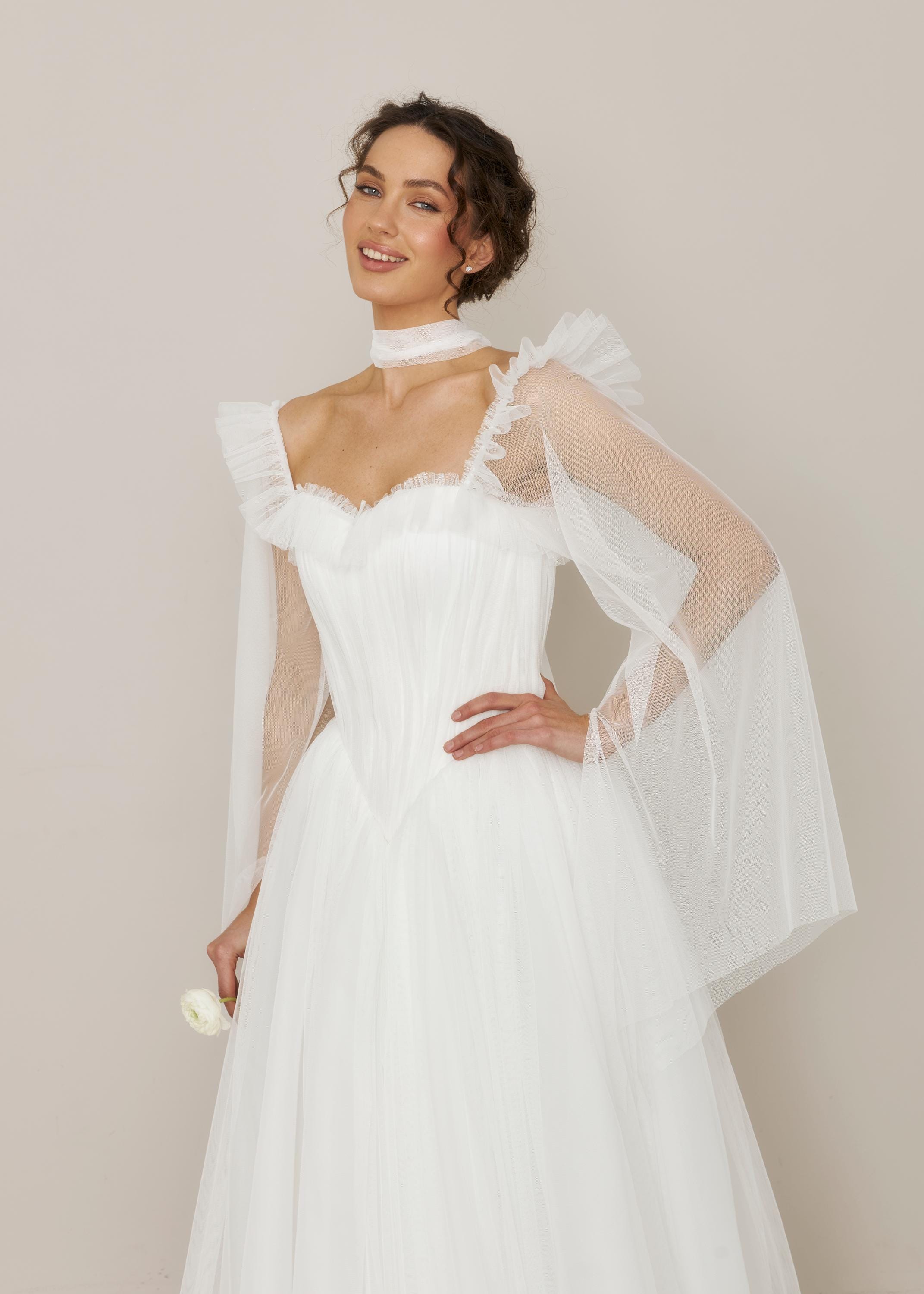 Tulle Basque Waist Wedding Dress Aurelia: Ruffle Bodice, Long Sleeves