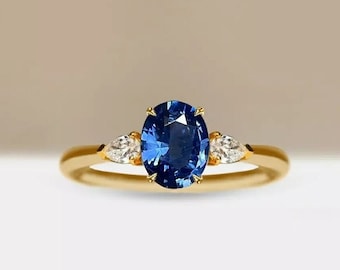 Oval Blue Sapphire Engagement Ring: Gold Plated Sterling Silver, September Birthstone