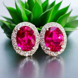 Ruby Stud Earrings: Oval Red Gemstone, Sterling Silver