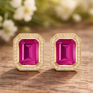 Pendientes de botón hechos a mano con rubí rosa talla esmeralda, halo de piedras preciosas octogonales, plata de ley (7 x 9 mm)