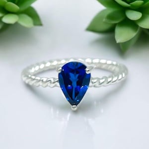 Pear Cut Blue Sapphire Ring: Sterling Silver September Birthstone