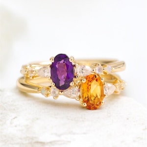 Zilveren ring met amethist en citrien, ring met twee stenen, Toi Et Moi-ring, ring met twee geboortestenen, ring met geboortesteen februari, geboortesteen november