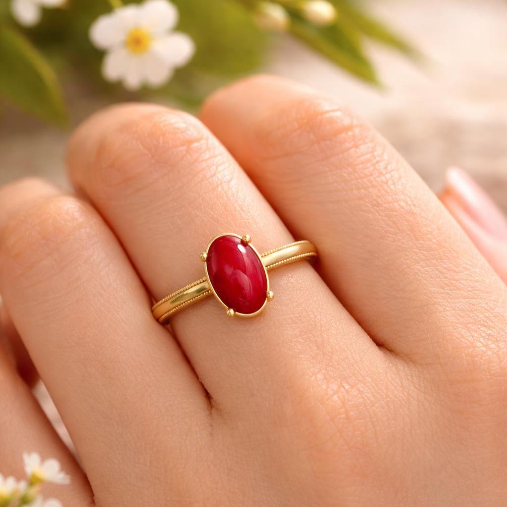 Handmade Red Coral Oval Ring, Yellow Gold Plated Sterling Silver ...