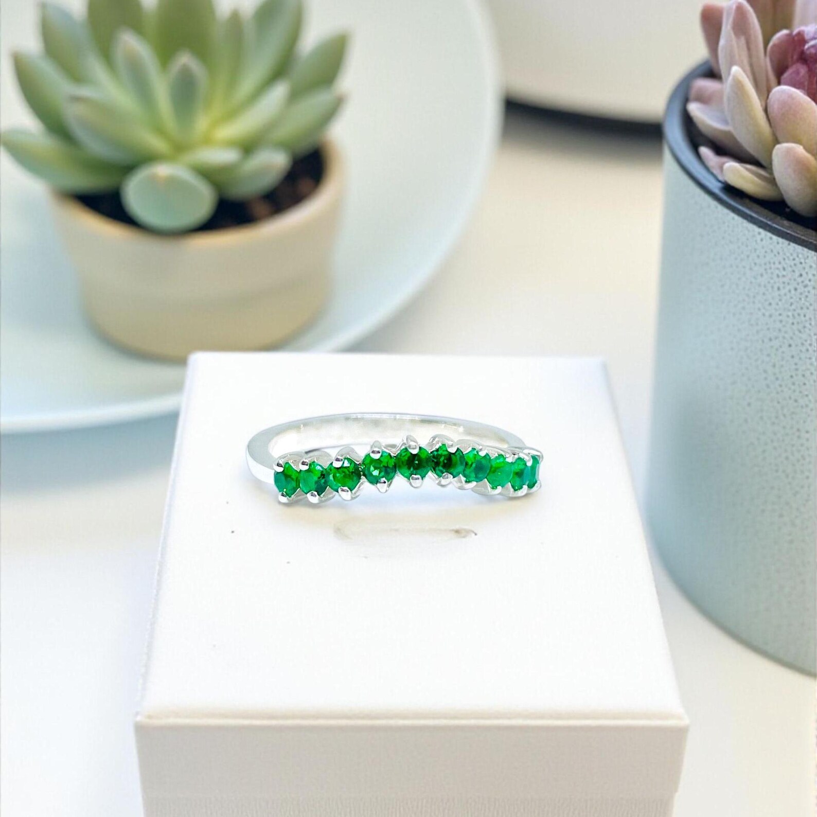 Emerald Green Silver Ring – Dainty Gemstone Band – Minimalist Stacking ...