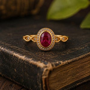 May include: A gold ring with an oval, deep red gemstone center, surrounded by small, clear stones. The ring's band has a delicate, ornate design with additional small stones. The ring is set on a dark, textured surface.