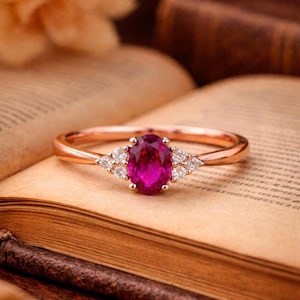 Handmade Oval Ruby Engagement Ring, Rose Gold, Diamond Accent, Vintage Style, July Birthstone