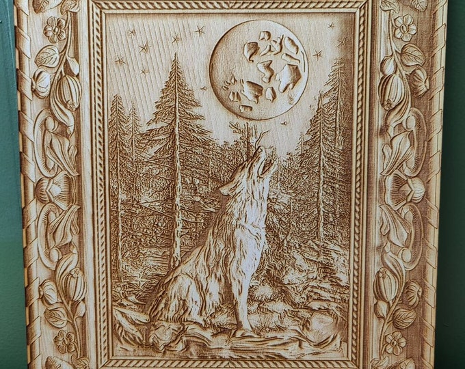 Laser cut Wolf howling at the moon 3d engraved picture detailed unique gift for wilderness lovers.