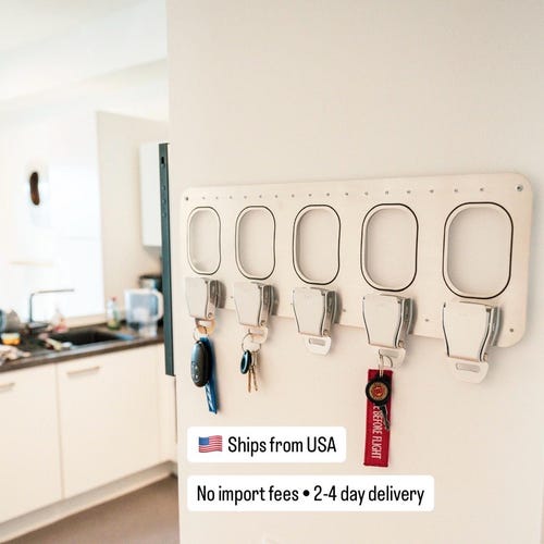 Airplane Seatbelt Key Holder, 5 Hooks, Brushed Aluminum – Ships from USA