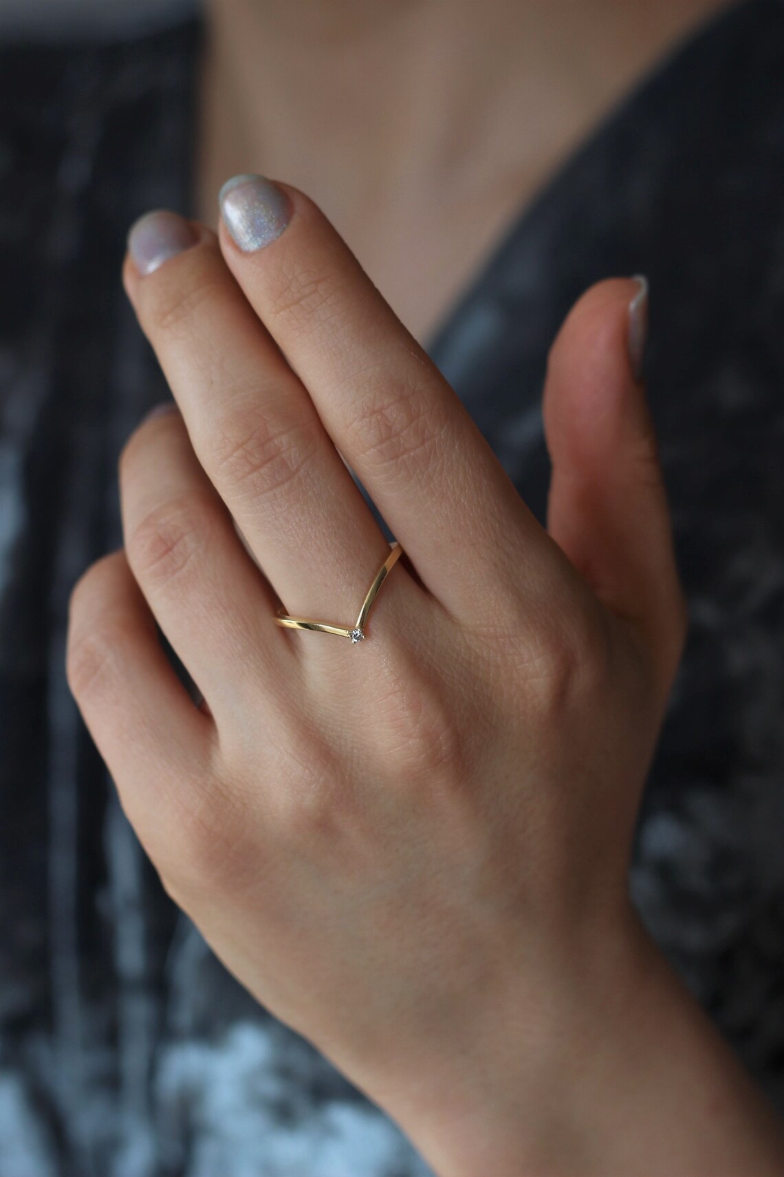 14k Gold Thumb Ring / Chevron Gold Ring / Diamond V Ring / Etsy