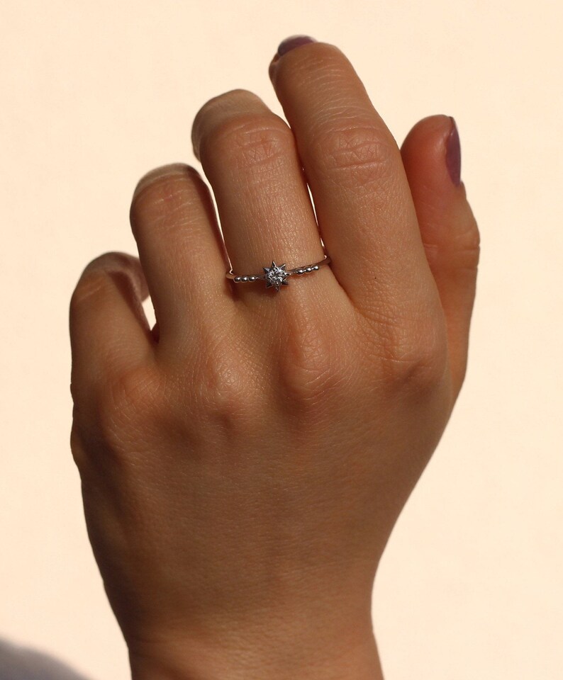 14K Gold Diamond Solitaire Ring North Star Ring Astrology Ring Diamond Star Ring graduation gift mothers day gift
