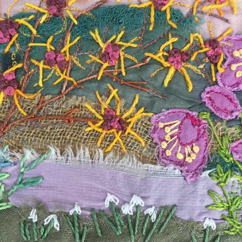 Winter blooms Textile Art Stitched Art Embroidery Art Hellebores Embroidered picture Nature inspired Stitched flowers Winter flowers