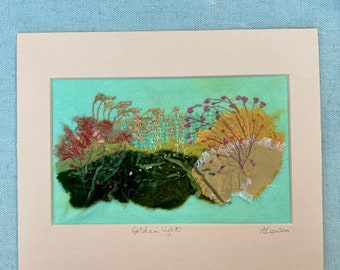 Golden light/ Stitched Art/ Handstitched picture/ Handembroidered picture/ Embroidered garden/ Stitched Art/ Handmade/ Fibre Art /Garden Art