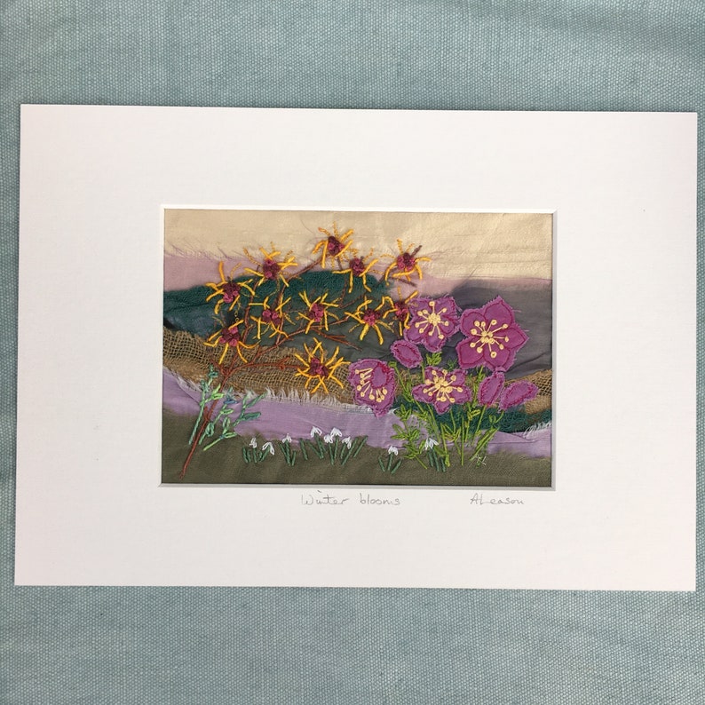 Winter blooms Textile Art Stitched Art Embroidery Art Hellebores Embroidered picture Nature inspired Stitched flowers Winter flowers