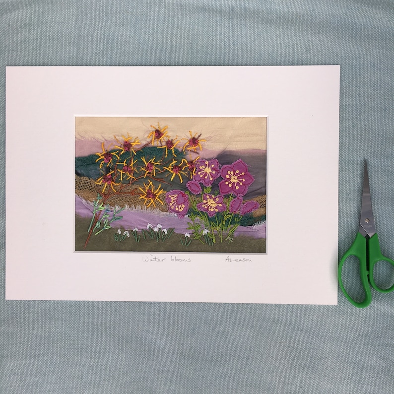 Winter blooms Textile Art Stitched Art Embroidery Art Hellebores Embroidered picture Nature inspired Stitched flowers Winter flowers