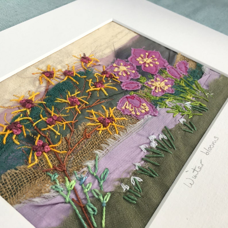 Winter blooms Textile Art Stitched Art Embroidery Art Hellebores Embroidered picture Nature inspired Stitched flowers Winter flowers