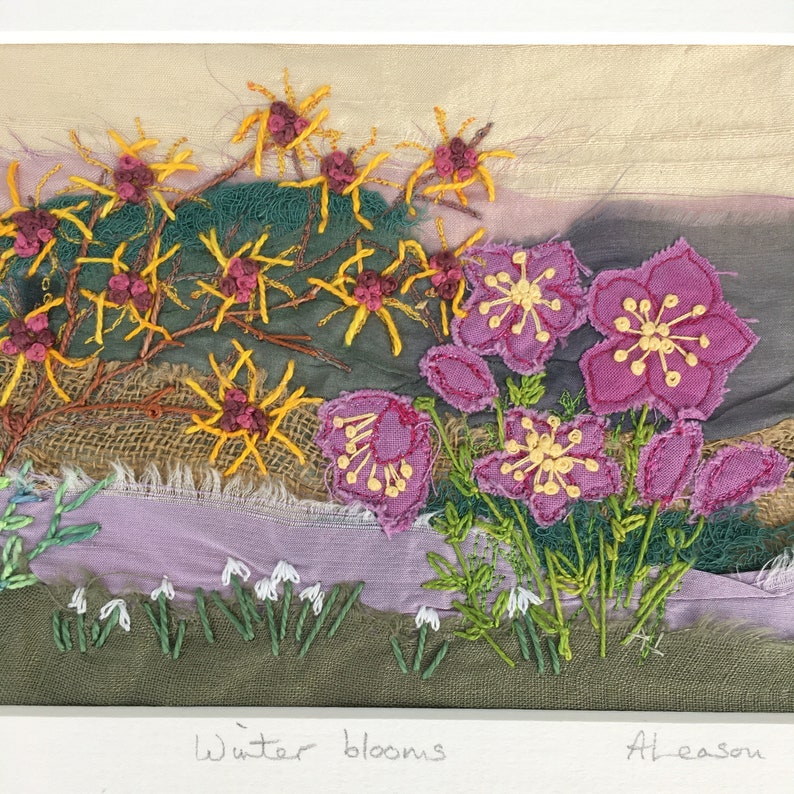 Winter blooms Textile Art Stitched Art Embroidery Art Hellebores Embroidered picture Nature inspired Stitched flowers Winter flowers