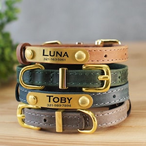 May include: A stack of four personalized leather pet collars in various colors: tan, green, blue-grey, and taupe. Each collar has a gold-colored buckle and a gold nameplate with a pet's name and phone number. The top collar reads "LUNA".