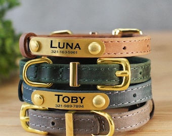 May include: A stack of four personalized leather pet collars in various colors: tan, green, blue-grey, and taupe. Each collar has a gold-colored buckle and a gold nameplate with a pet's name and phone number. The top collar reads "LUNA".