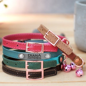 Leather Cat Collar with Name ID Tag, Personalized Cat Collar with Elastic Strap, Custom Cat Collar with Bell, Kitten Collars