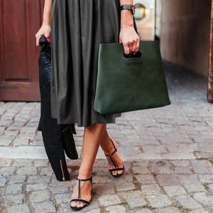 Leather Shopper Bag, Personalized Tote Bag, Custom Gifts for Her, Minimalist Handbag, Small Tote Bag, Travel Bag, Leather Gifts Deep Green