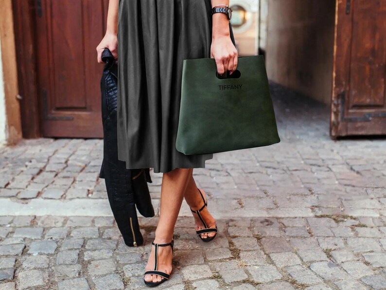Leather Shopper Bag, Personalized Tote Bag, Custom Gifts for Her, Minimalist Handbag, Small Tote Bag, Travel Bag, Leather Gifts Deep Green