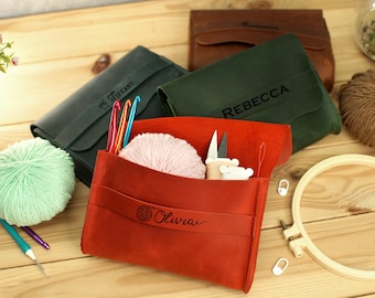 Custom Leather Crochet Hook Case, Personalized Crochet Bag, Knitting Needles Organizer Pouch, Crafting Gift for Her, Knitting Accessories