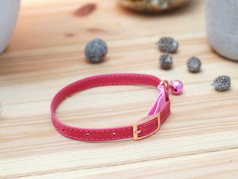 May include: A pink leather cat collar with a pink ribbon and a gold buckle. The collar has a small pink bell attached.