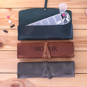 Leather Pill Organizer Case with Name, Personalized Medication Holder, Custom Gift Idea, Compact Pill Wrap for Vitamins, Gift for Her