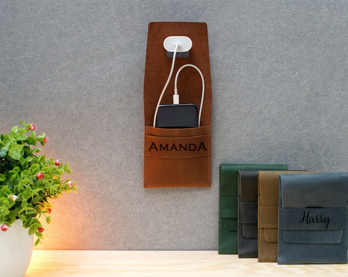 Personalized Wall Charger Holder Leather Charging Dock Iphone Etsy