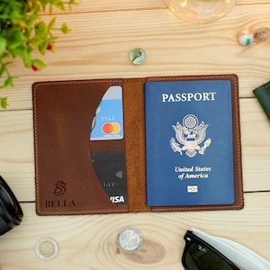 Leather Passport Cover, Personalized Passport Holder, Custom Passport Case, Travel Gift, Engraved Passport Wallet