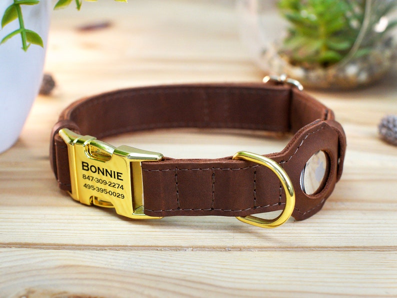 Personalized Leather Dog Collar with AirTag Holder, Engraved AirTag Dog Collar, Pet Collar with Air Tag Holder for Small Medium Large Dogs image 6