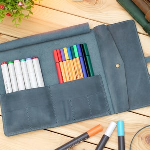 Leather Pencil Roll Personalized Pencil Case Custom Pencil Blue