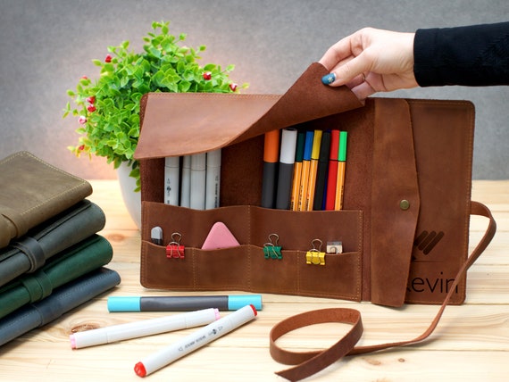 Personalized Leather Pen Roll - Brown