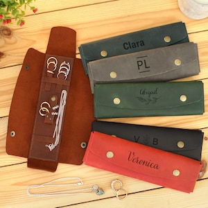 Custom Leather Jewelry Case, Personalized Ring Necklace Earring Storage, Christmas Gift for Her, Travel Jewelry Roll,Engraved Jewelry Holder