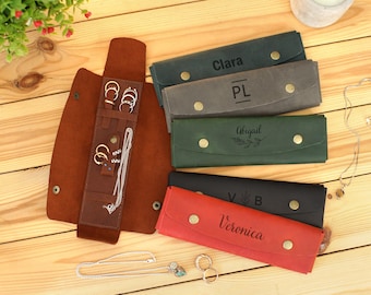 Custom Leather Jewelry Case, Personalized Ring Necklace Earring Storage, Christmas Gift for Her, Travel Jewelry Roll,Engraved Jewelry Holder