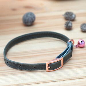 May include: A green leather cat collar with a rose gold buckle and a pink bell.