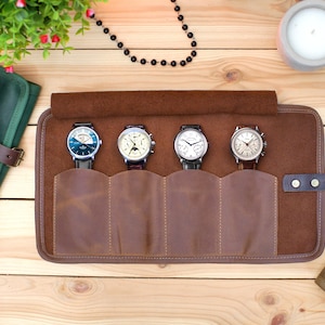 Gepersonaliseerde lederen horlogerol, aangepaste horloge reiskoffer, gegraveerde horlogehouder, lederen horlogezakje, gepersonaliseerde lederen cadeau