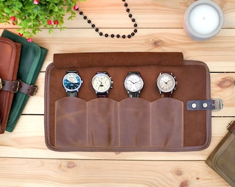 Personalisierte Lederuhrenrolle, personalisierte Uhrentasche, gravierter Uhrenhalter, Lederuhrentasche, personalisiertes Ledergeschenk