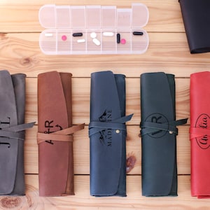 Personalized Pill Case, Leather Vitamin Organizer, Engraved Weekly Pill Holder, Gifts for Him, Custom Medicine Bag, Gift for Traveler