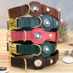 Può includere: Pila di cinque collari per cani in pelle di colore marrone, verde, rosa, verde scuro e marrone. Ogni collare è dotato di una fibbia dorata e di un inserto rotondo in plastica trasparente con un logo Apple. I collari sono incisi con nomi e numeri di telefono.