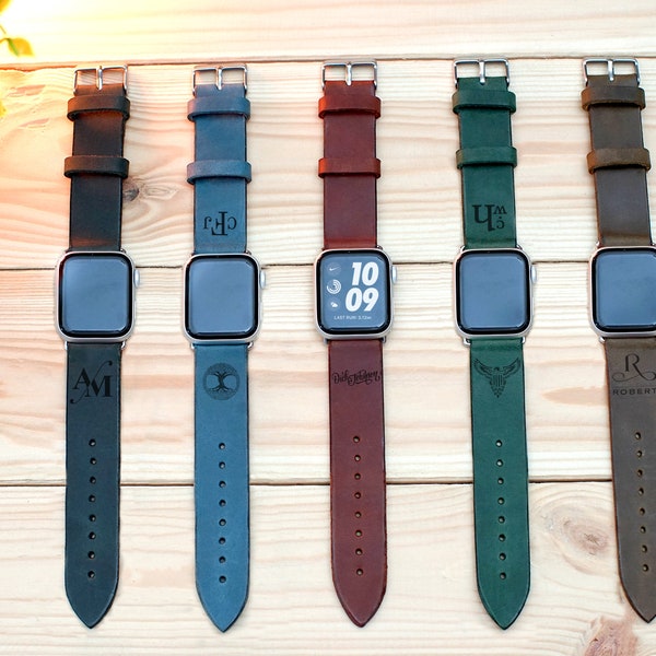 Personalized Leather Apple Watch Band 38mm, 40mm, 42mm, 44mm, Monogrammed Apple iWatch Band for Series 1 2 3 4 5, Bracelet Watch Strap