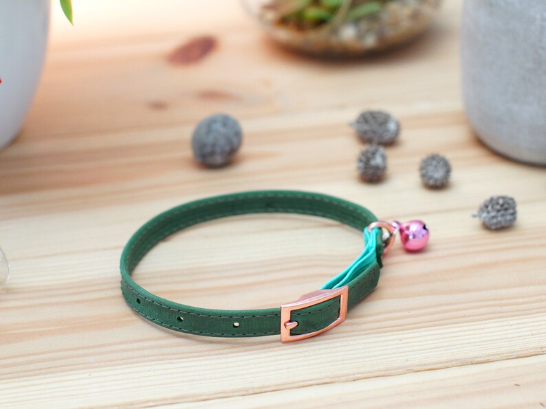 May include: A green leather cat collar with a rose gold buckle and a pink bell.