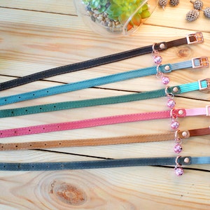 May include: Seven leather cat collars in various colors, including black, teal, green, pink, brown, and gray. Each collar has a small bell charm.